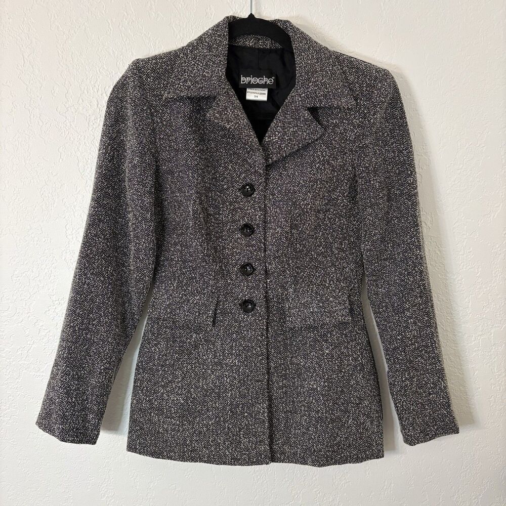 Vintage Y2K Brioche Juniors Tweed Herringbone Blazer Jacket Preppy Sz 3/4